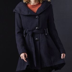 Navy Drama Hooded Belted Trench Coat